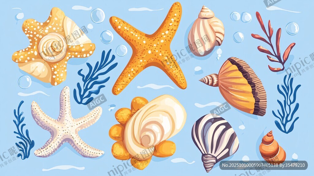 海洋貝殼與海星插畫素材