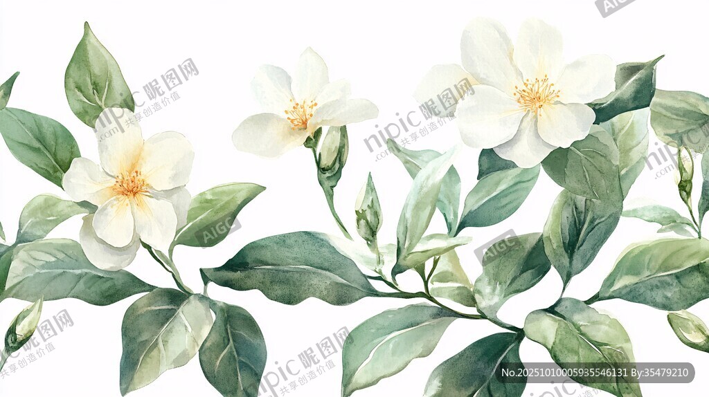 手繪清新茉莉花枝葉圖