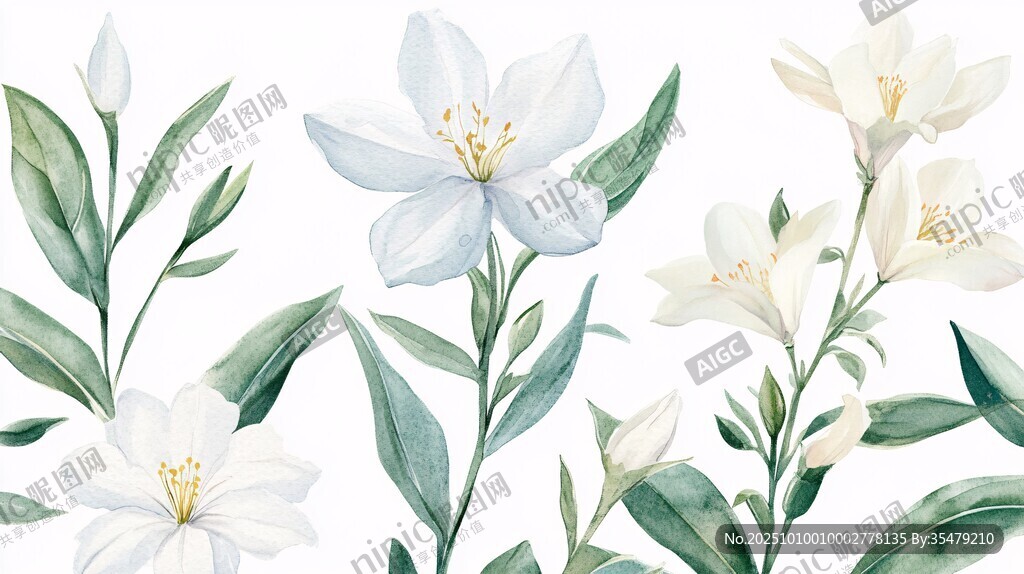 清新水彩風白色花卉插畫