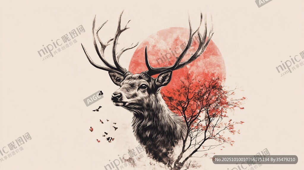 月夜下的雄鹿與紅樹(shù)