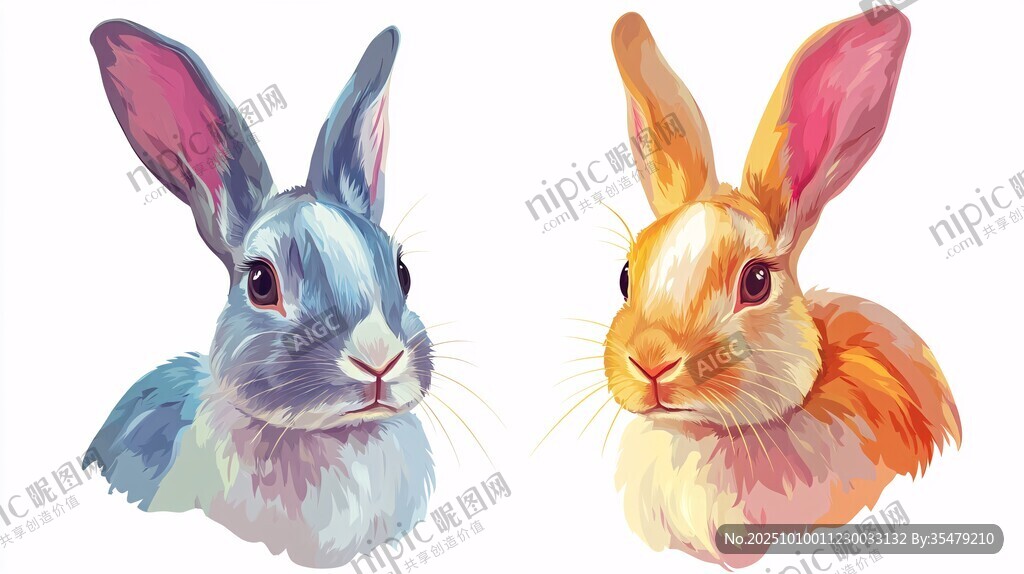 兩只可愛彩兔頭像插畫