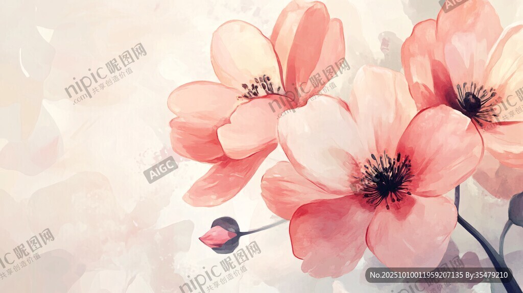 水彩繪粉色嬌艷花卉
