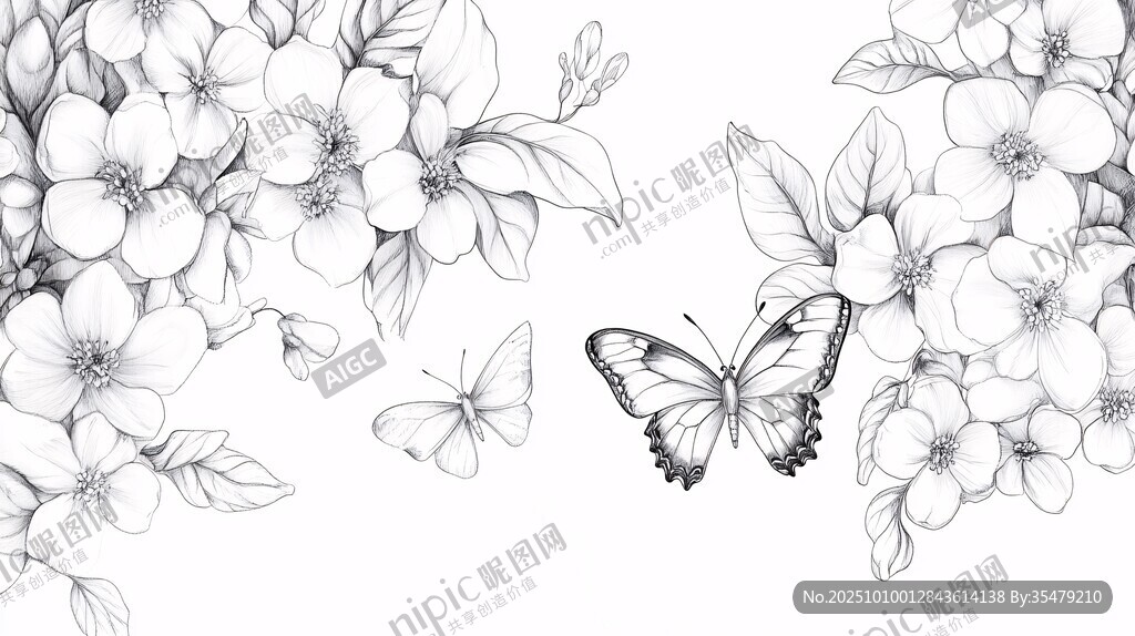 黑白花卉與蝴蝶插畫(huà)
