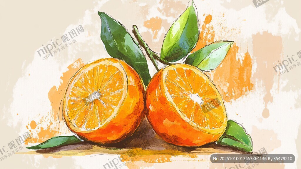 水彩畫中的鮮橙與綠葉