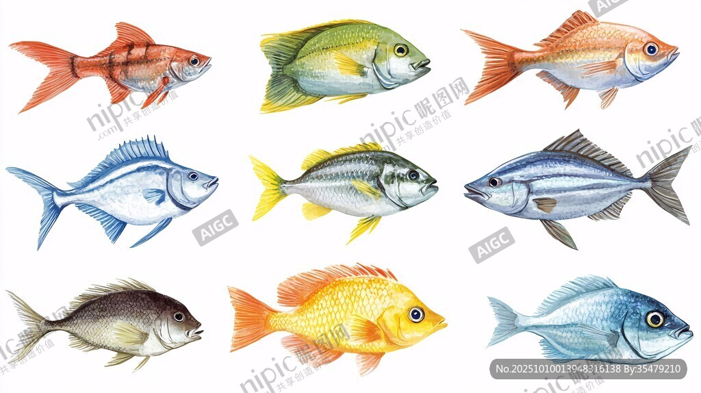 水彩繪多彩魚類集合