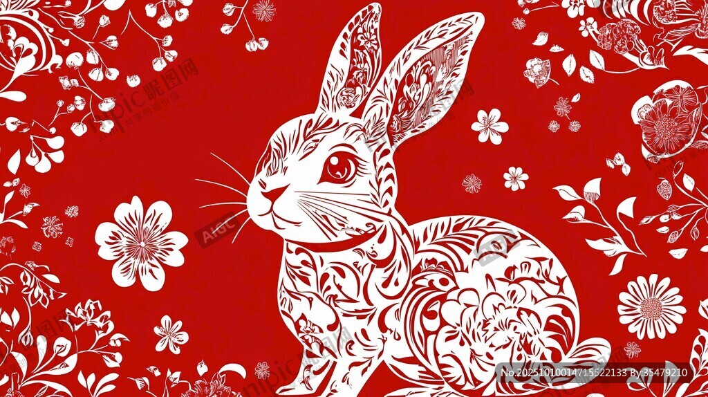 紅色剪紙風(fēng)吉祥兔子圖案