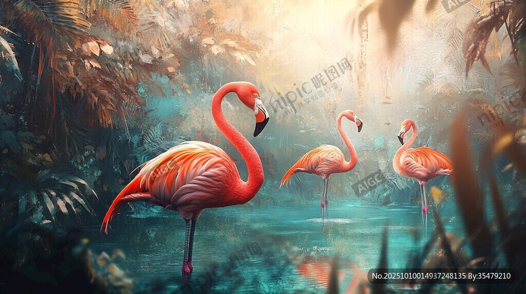 夢幻叢林中的火烈鳥美景