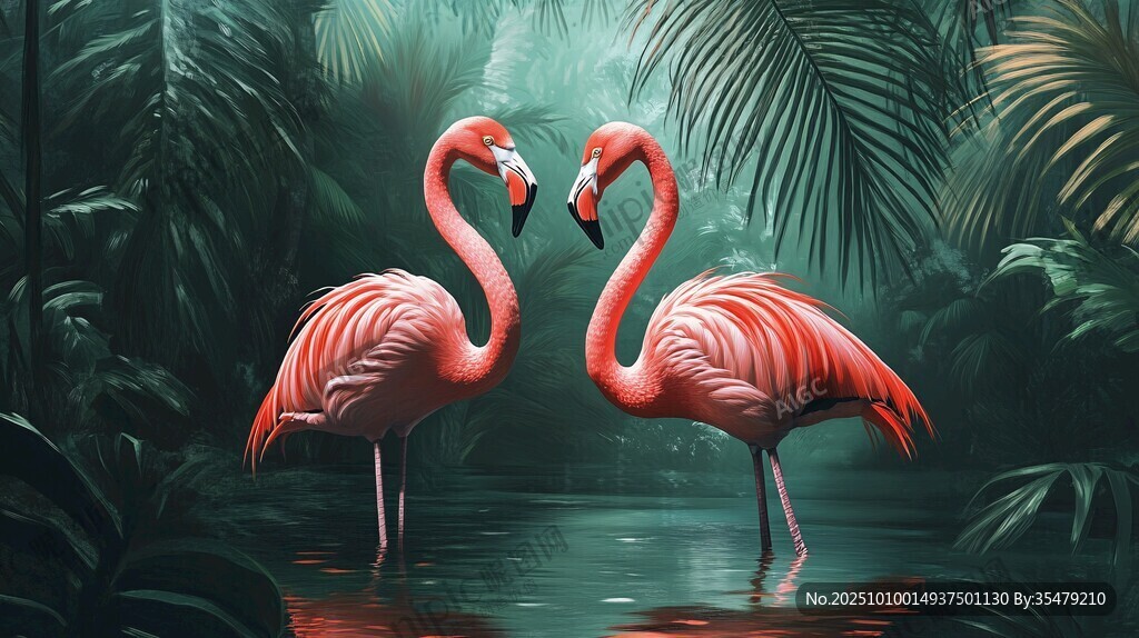 雙火烈鳥(niǎo)棲于熱帶叢林水域