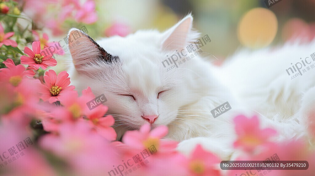 白貓眠于繁花間