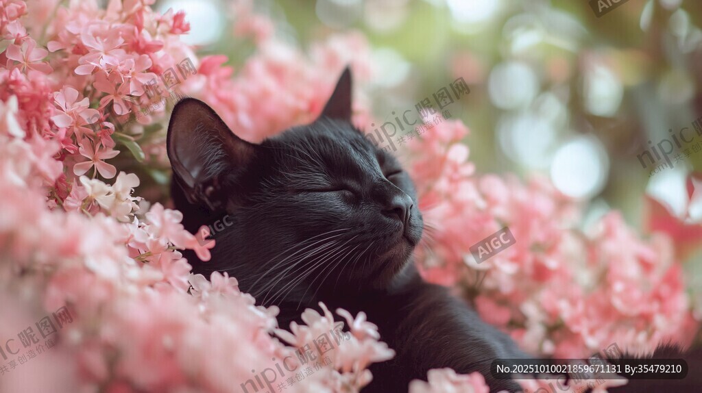 黑貓憩于繁花間