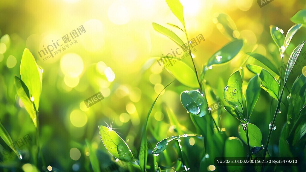 陽(yáng)光照耀下的翠綠帶露青草