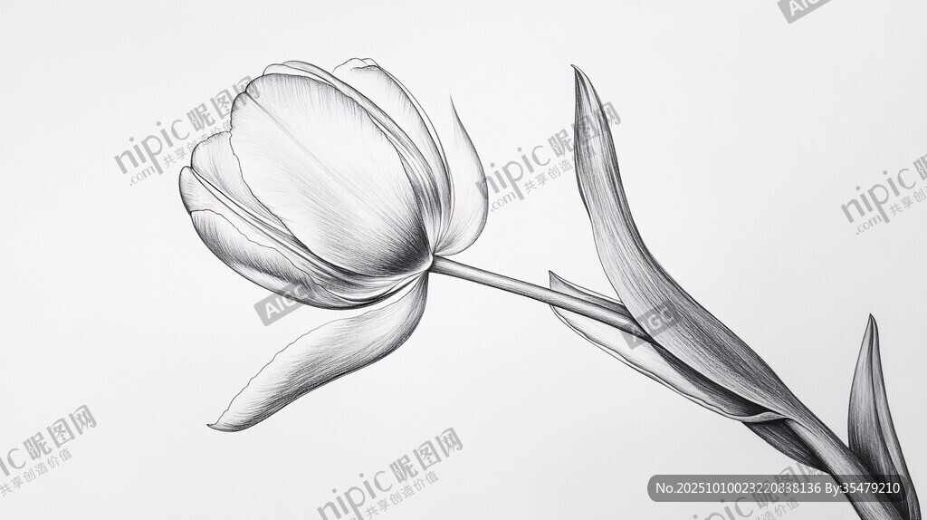 黑白素描郁金香花卉圖