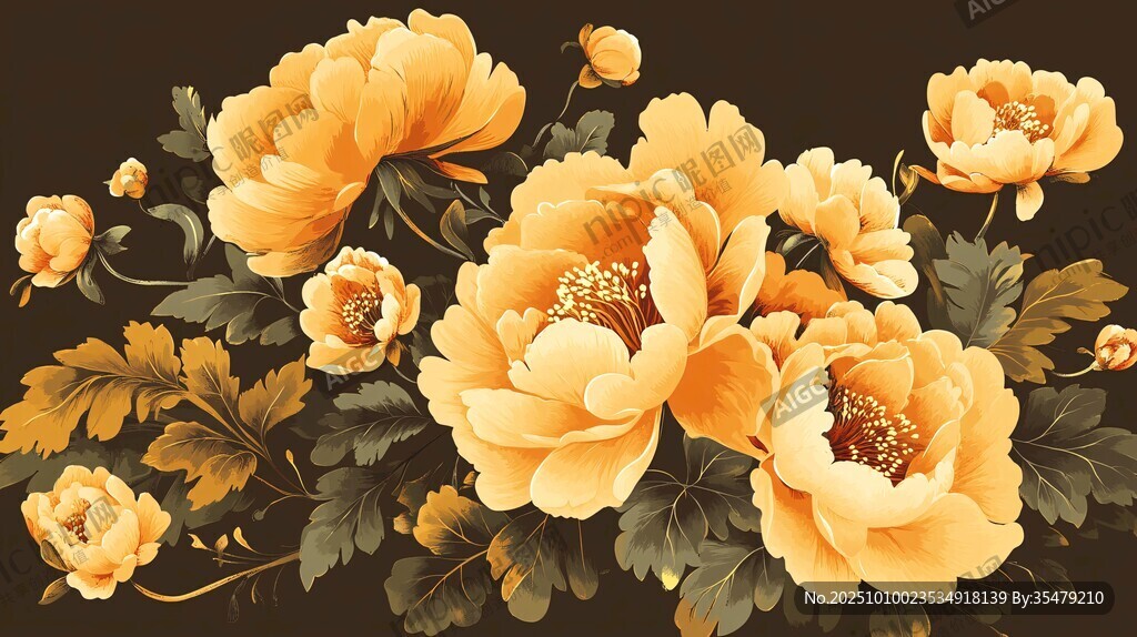 金黃牡丹花卉精美插畫(huà)