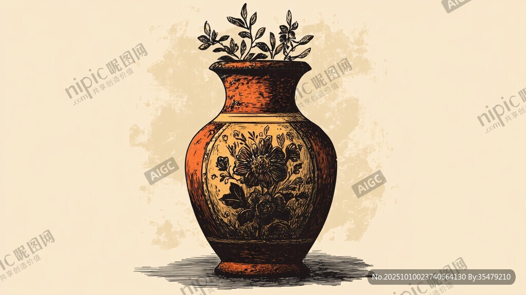 復古花瓶插綠植手繪圖案
