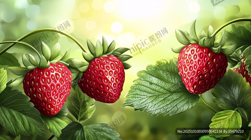 新鮮草莓掛于翠綠枝葉間