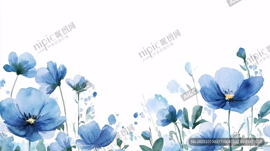 藍色花卉邊框水彩插畫
