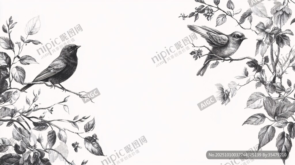 黑白花鳥圖 雙鳥棲于枝間