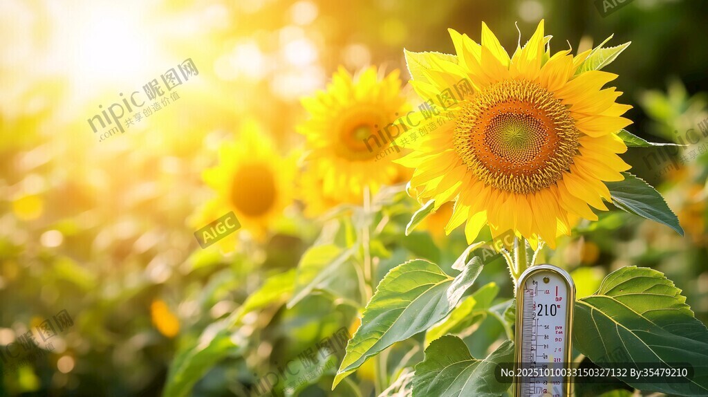 陽光下的向日葵與溫度計