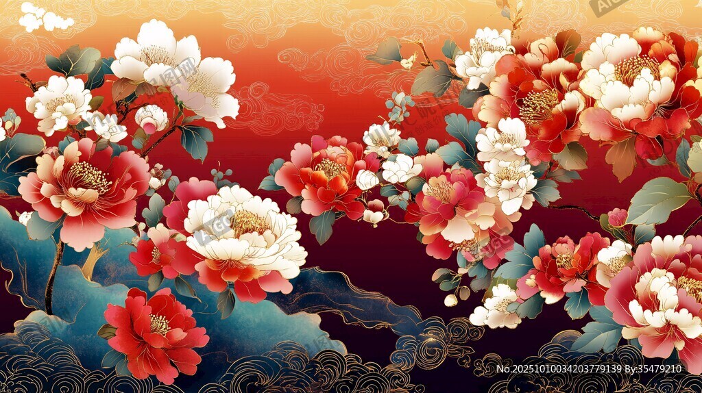國色牡丹中式祥瑞花卉圖