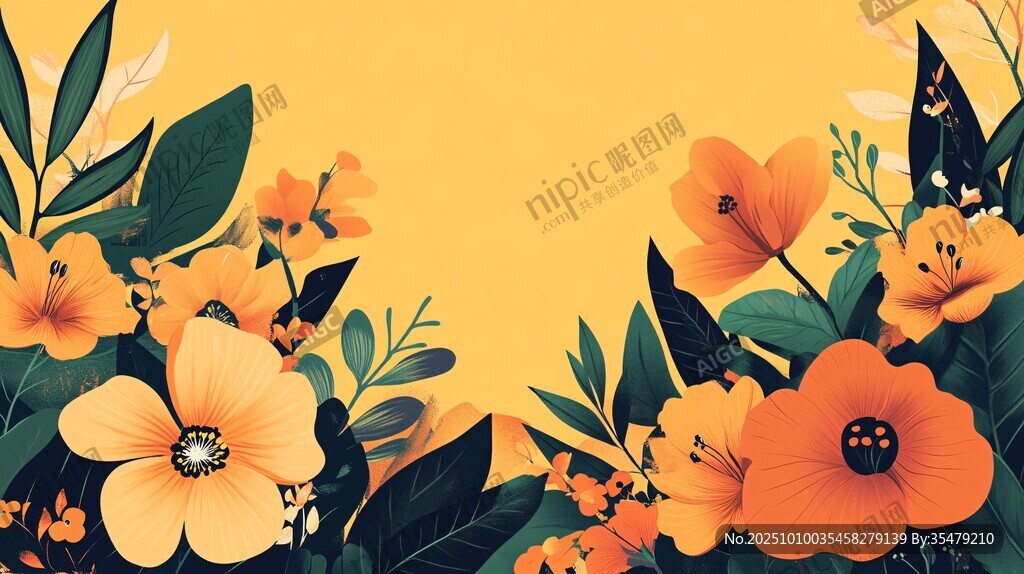 橙黃花卉插畫背景圖
