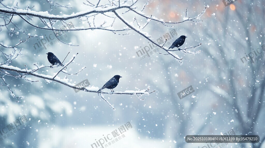 雪天枝頭的三只小鳥