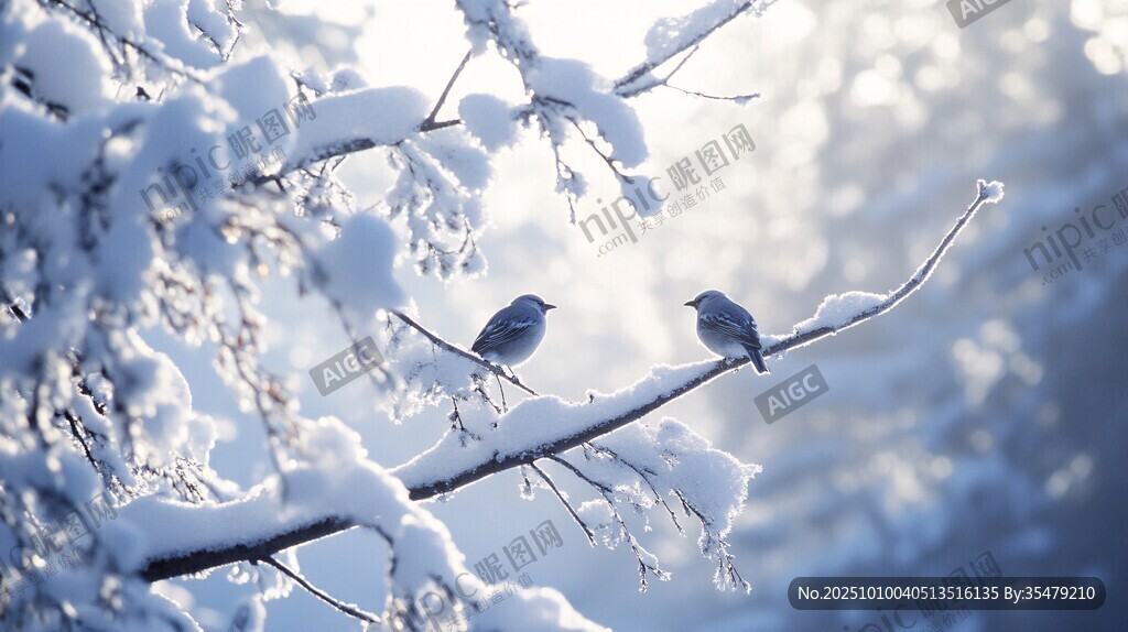 雪枝上的雙鳥