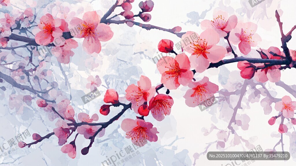 水墨風(fēng)綻放的嬌艷粉色梅花