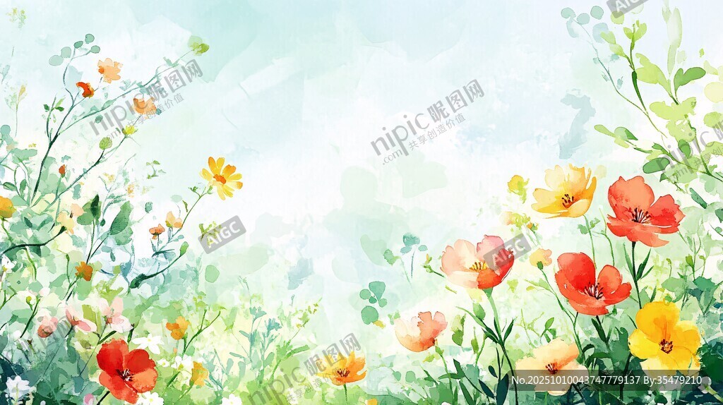 春日爛漫花叢插畫