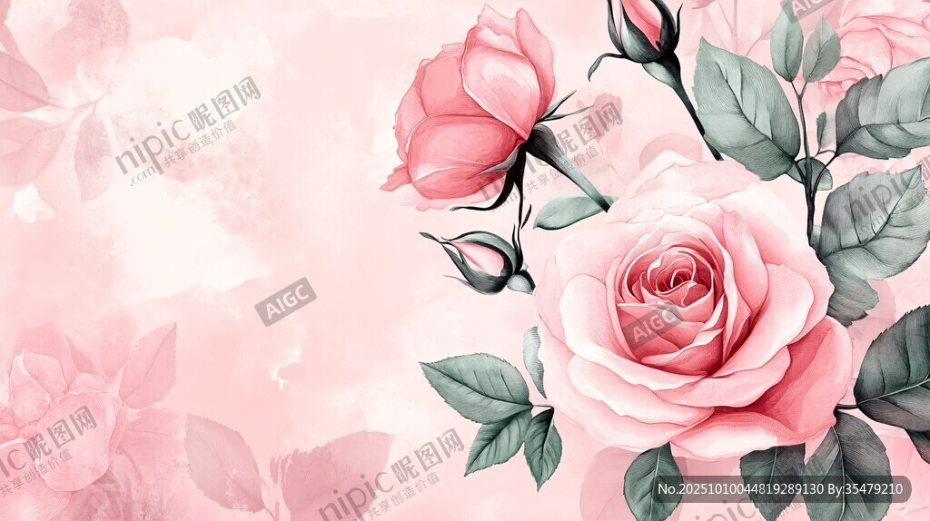 浪漫粉色玫瑰花卉插畫