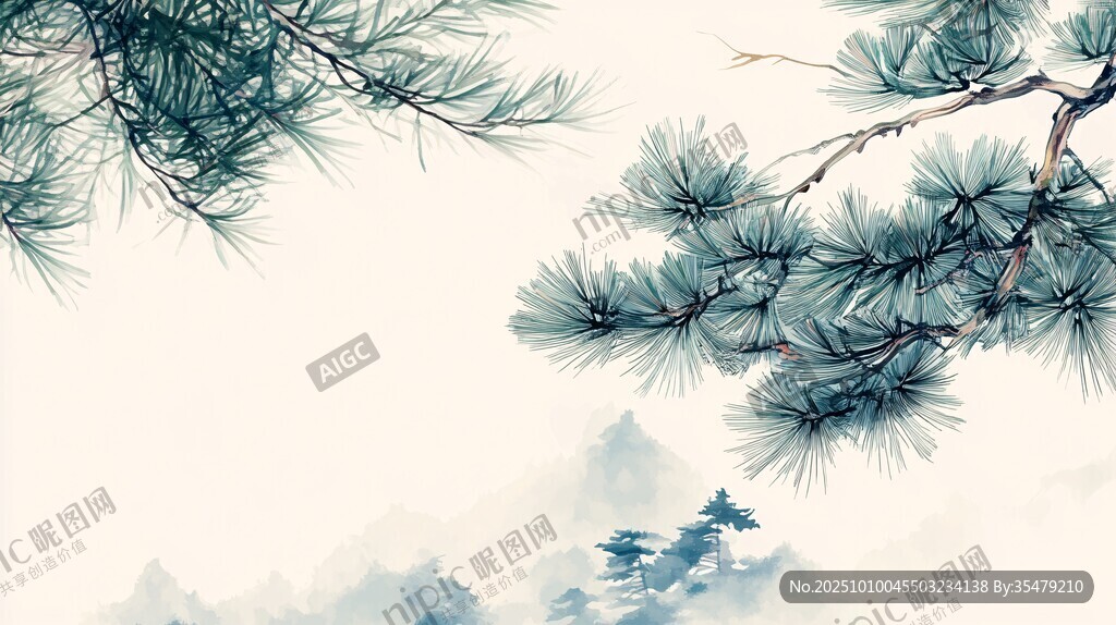 水墨青松圖 遠(yuǎn)山云霧間