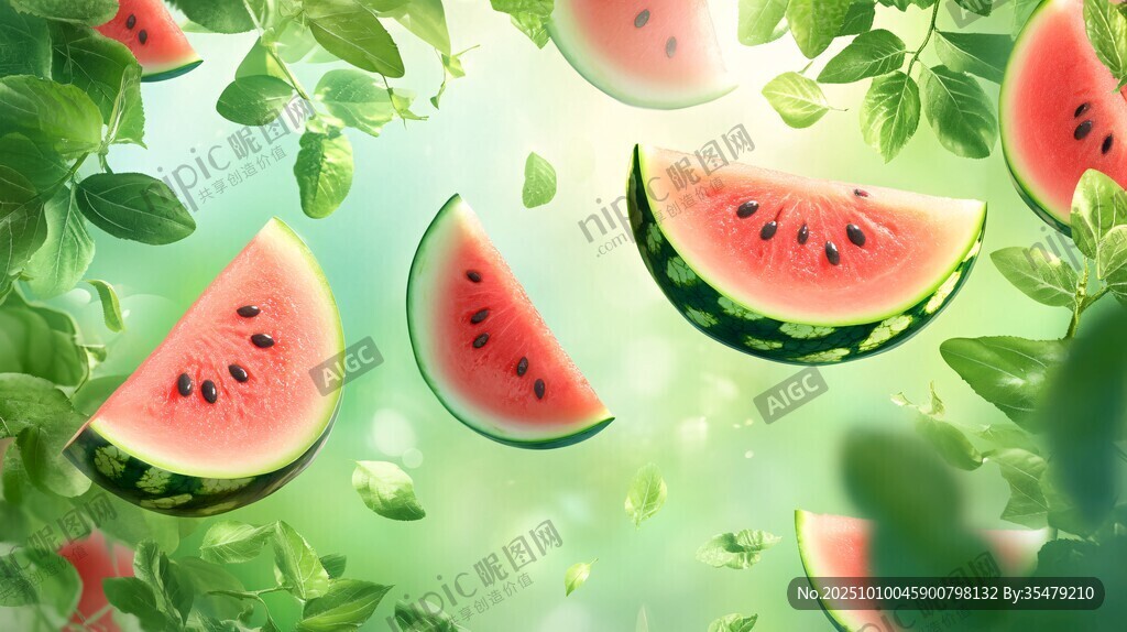 夏日西瓜與綠葉清新畫面