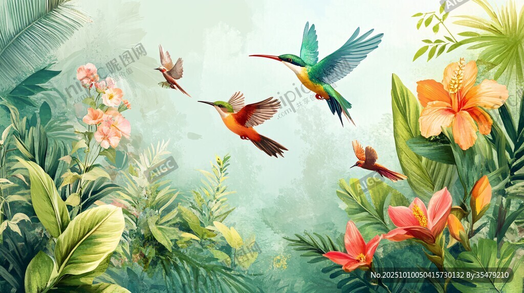 蜂鳥(niǎo)在繁茂花叢中飛舞