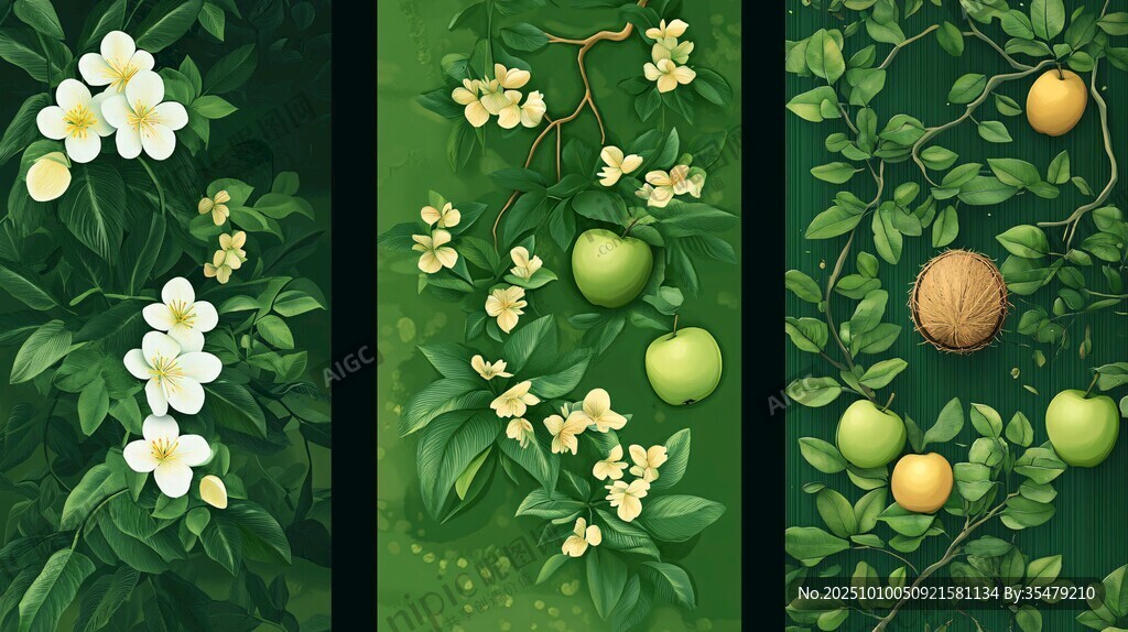 三幅綠植花果插畫組圖