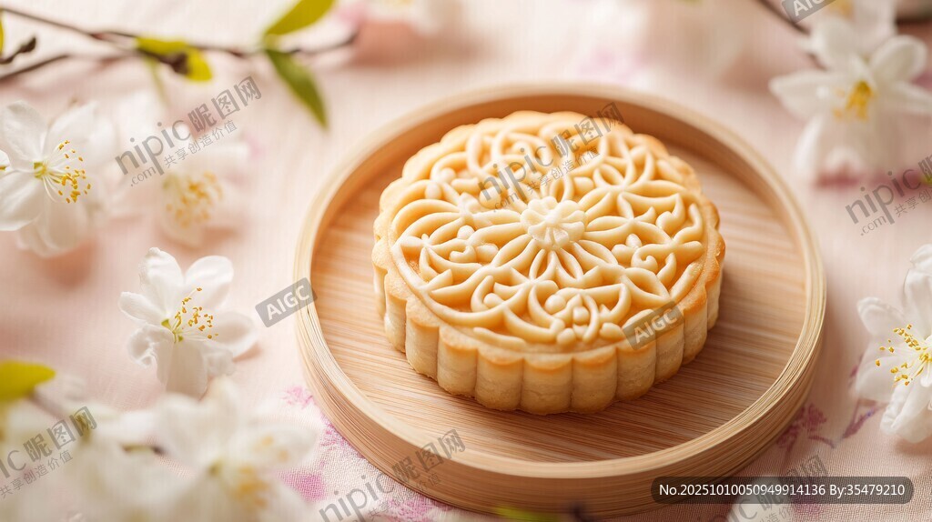 精致月餅置于繁花之間