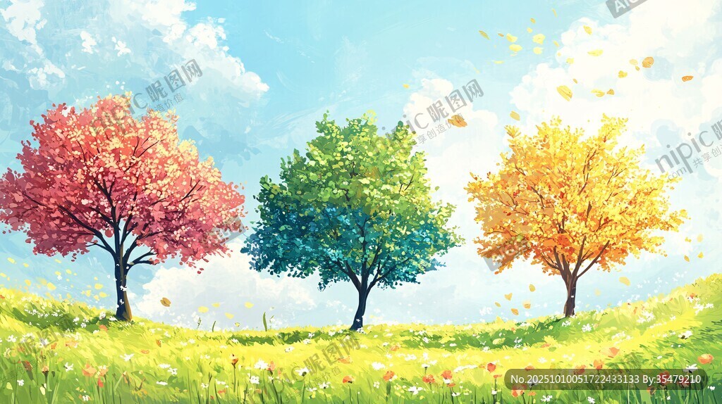 三棵彩樹裝點(diǎn)的夢幻草地