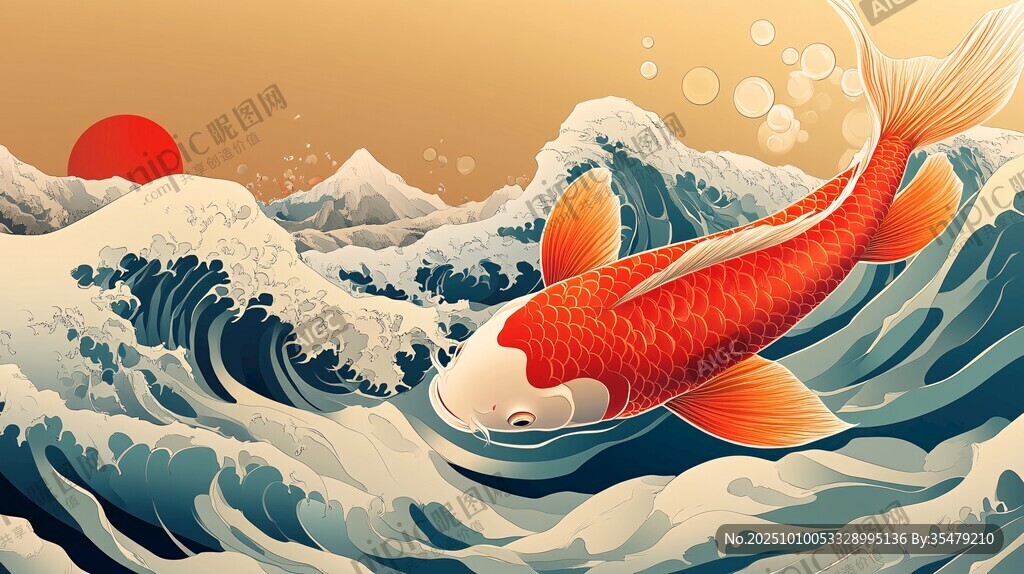 錦鯉躍浪迎紅日