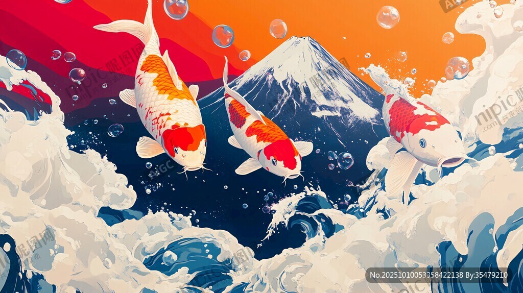 錦鯉躍浪伴富士山美景