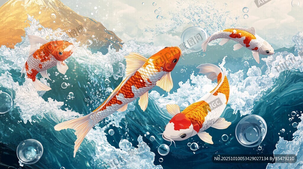 錦鯉躍浪圖