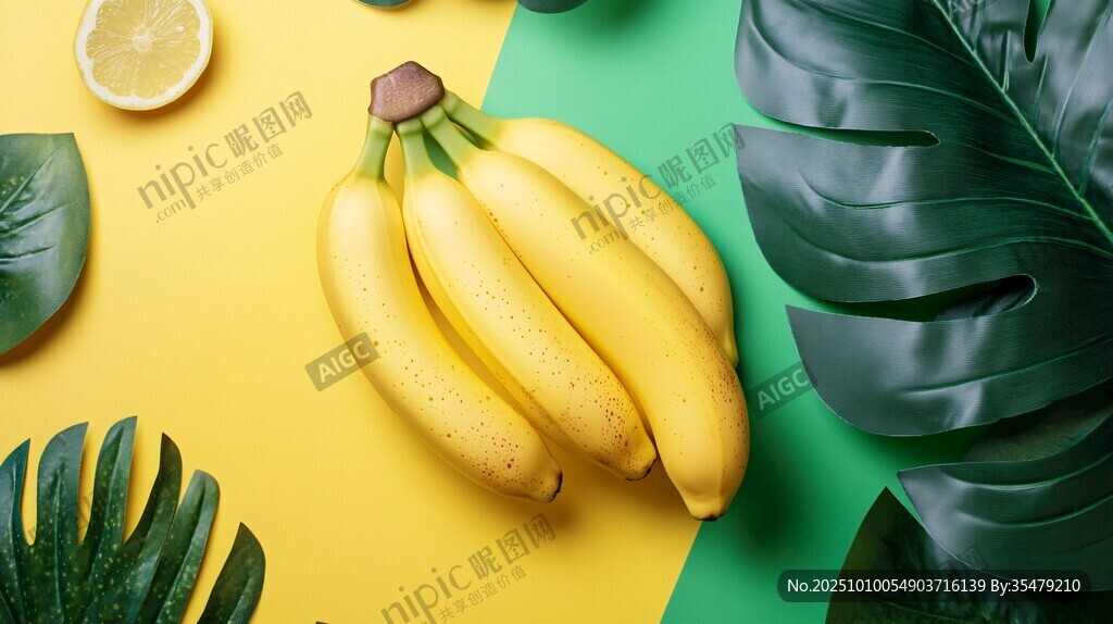 黃綠背景下的香蕉與綠葉