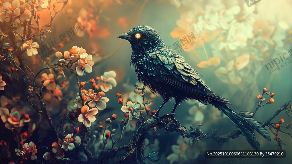 夢幻黑羽鳥棲繁花枝頭