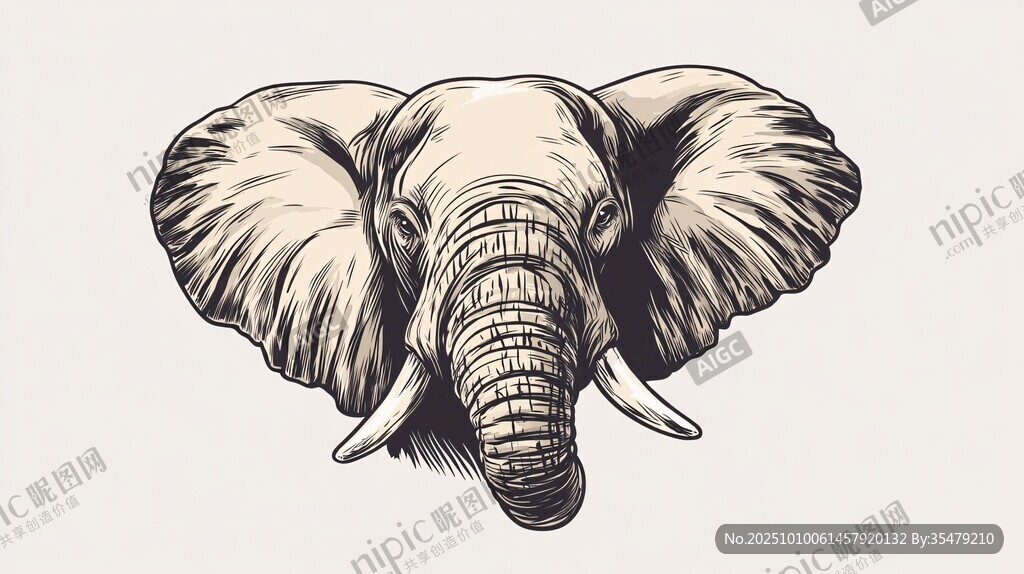 大象頭部黑白插畫風格圖