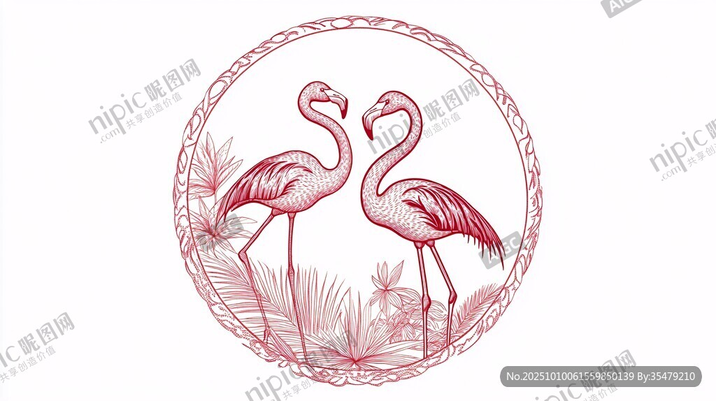 雙火烈鳥的浪漫圓形圖案