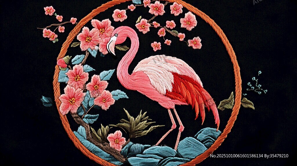 火烈鳥與繁花的精致刺繡