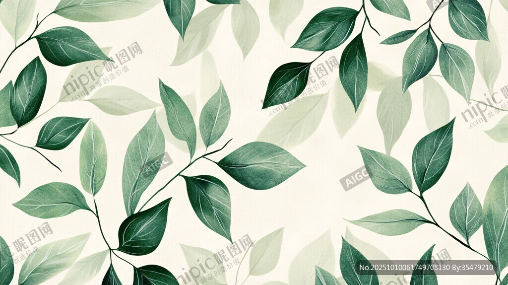 清新綠葉植物無縫背景圖