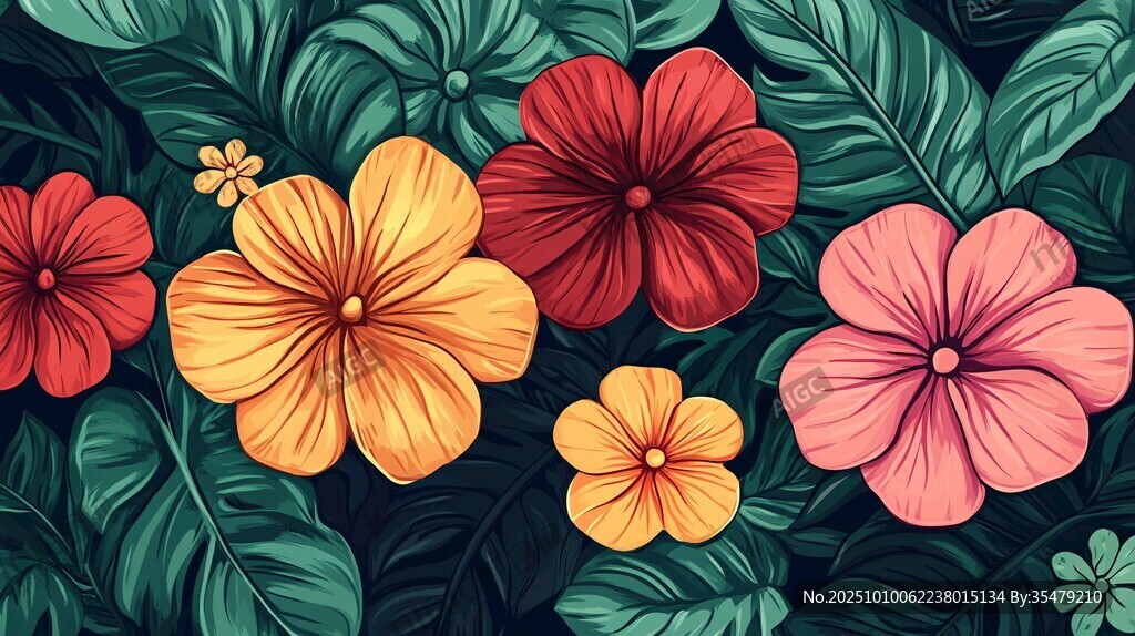 熱帶花卉與綠葉插畫