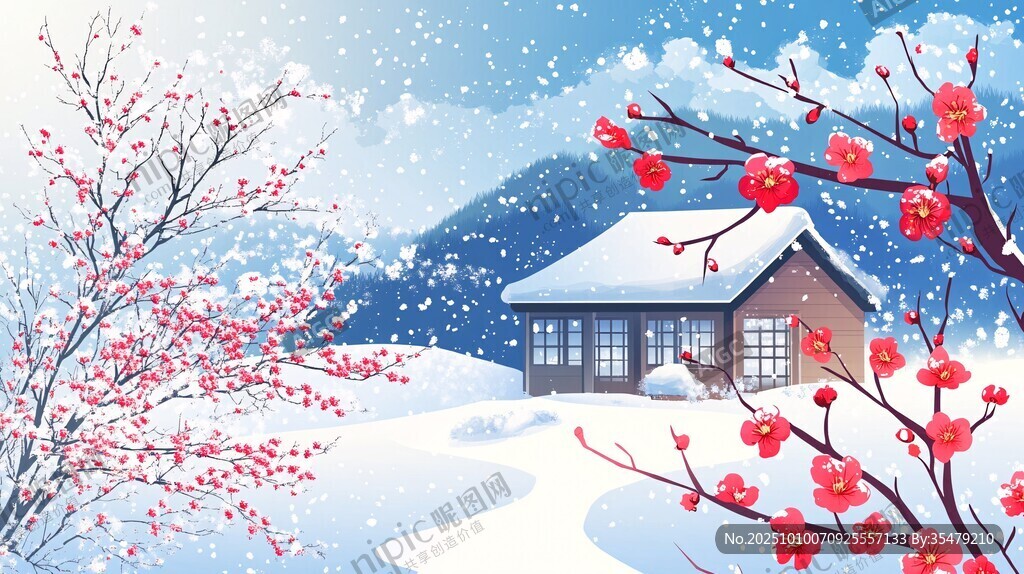 雪中美居旁紅梅綻放