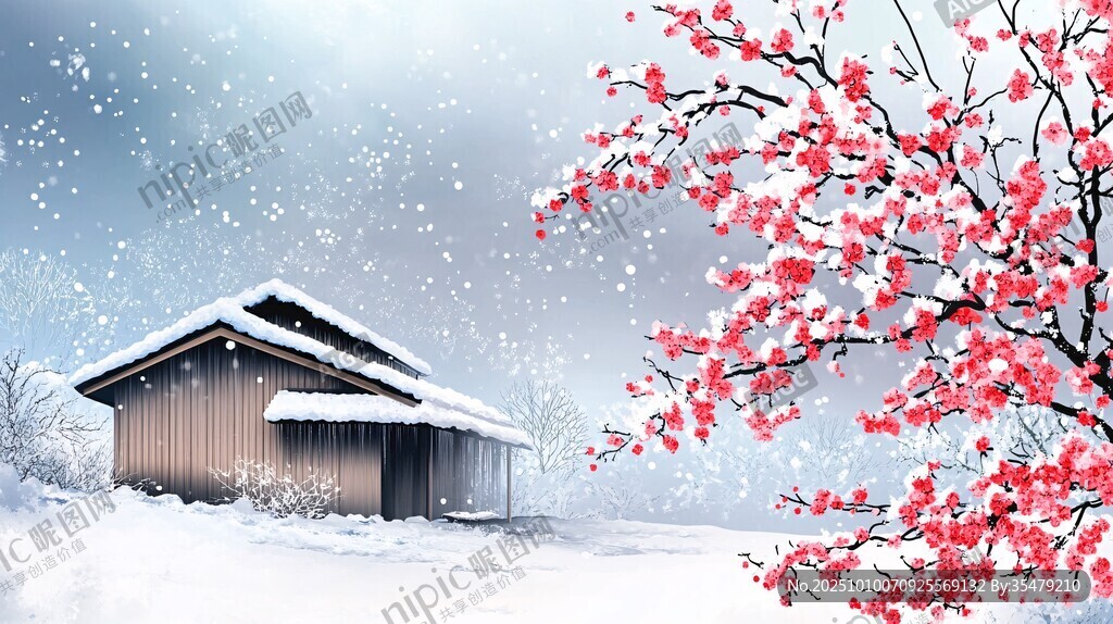 雪中木屋旁的綻放紅梅