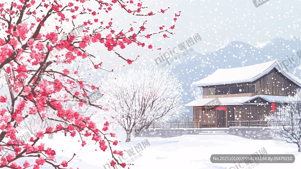 雪中美宅旁綻放的紅梅