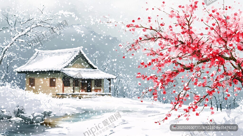 雪中日式小屋與綻放紅梅