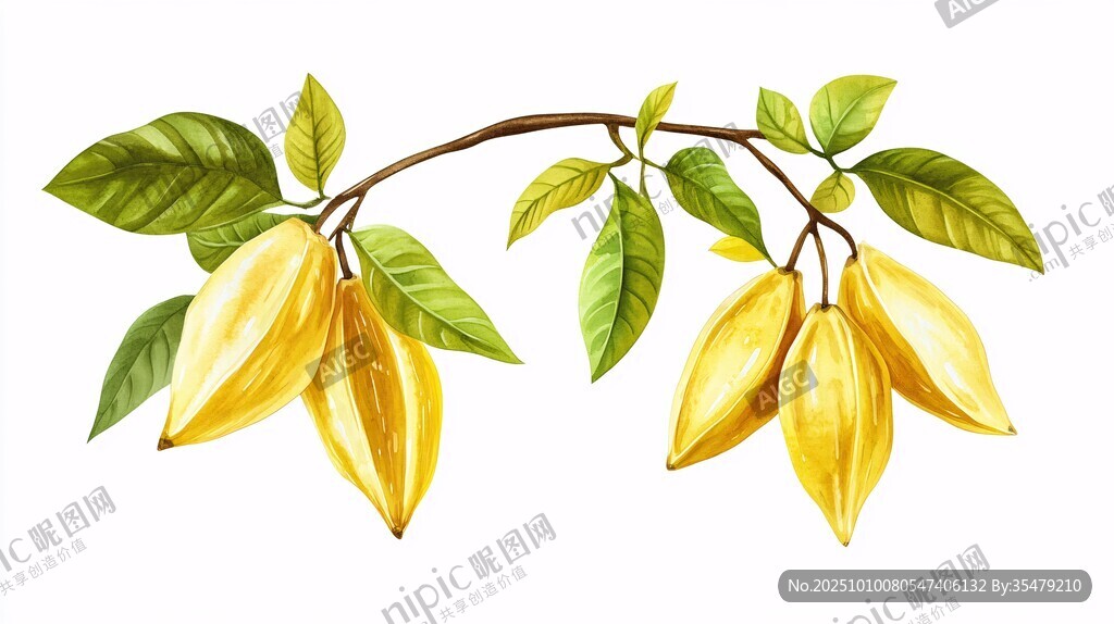 金黃可可果枝葉插畫